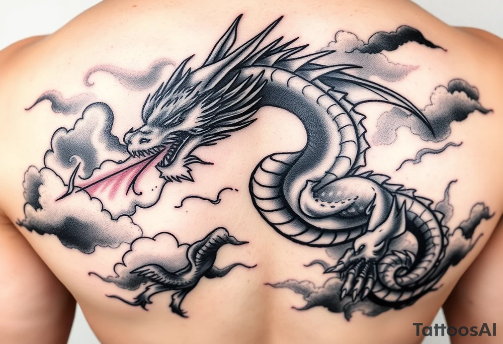 fierce dragon breathing iridescent fire against stormy skies tattoo idea