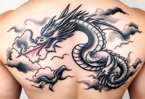 fierce dragon breathing iridescent fire against stormy skies tattoo idea