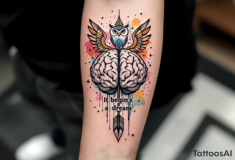 A brain in geometric and straight lines, with few watercolor details but mostly black, symbols representing intelligence, creativity and dreaming flying arround, the phrase "It begins with a dream", vertical owl wings behind and delicate, and an arrow crossing from above with watercolors leaking from it tattoo idea