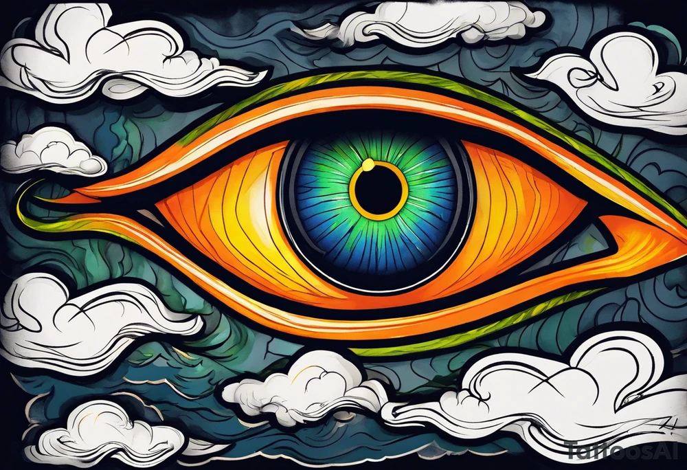 simple eyeball with a blue/green iris on top of dark stormy clouds with orange/yellow lightning coming from the clouds tattoo idea