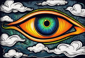 simple eyeball with a blue/green iris on top of dark stormy clouds with orange/yellow lightning coming from the clouds tattoo idea