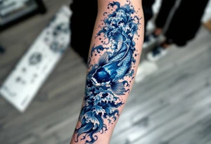 Dark Blue Koi with Wave Sleeve – A powerful dark blue koi swimming through stylized Hokusai-style wave patterns, perfect for a full-arm tattoo. tattoo idea