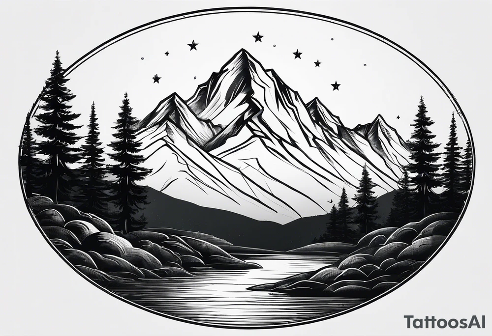 Mountain Skyline with one High Peak. Water in Front. Mountain Peak with circle dotted Line. Two Stars. Mountain and water Run Out flat in the side tattoo idea