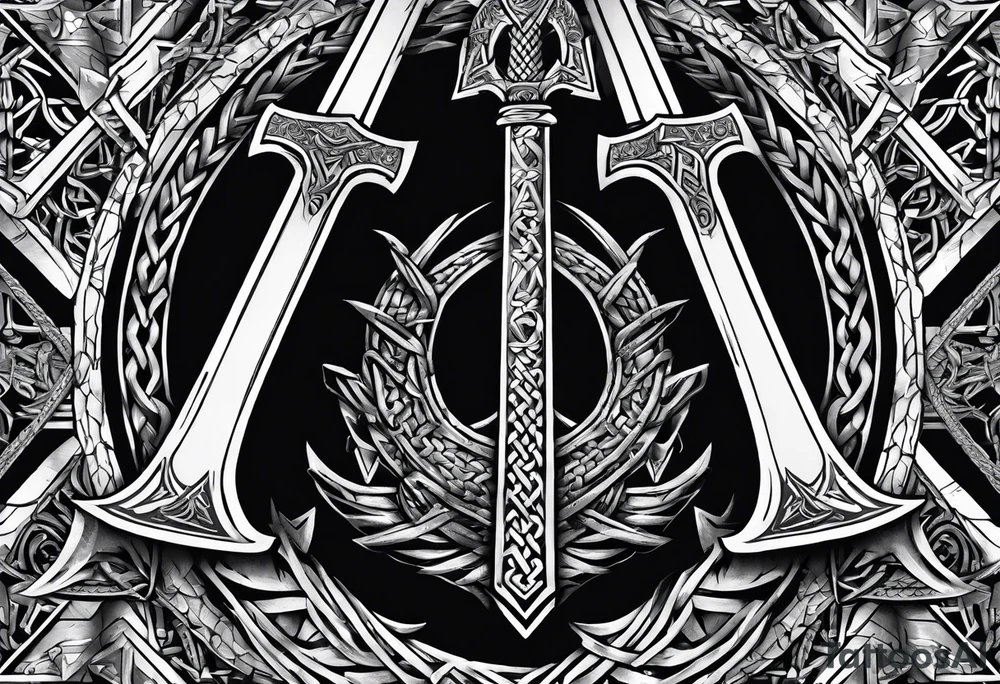 Valhalla sword  axe Valknut barbed wire chains tattoo idea