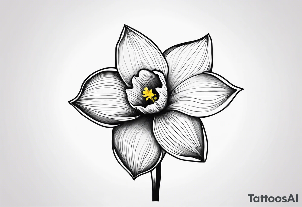 A minimalist daffodil flower. Let the daffodil flower be minimalist and have yellow lines. Let the stem of the flower extend downwards and instead of the stem write "muadil" in cursive tattoo idea