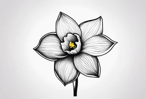 A minimalist daffodil flower. Let the daffodil flower be minimalist and have yellow lines. Let the stem of the flower extend downwards and instead of the stem write "muadil" in cursive tattoo idea