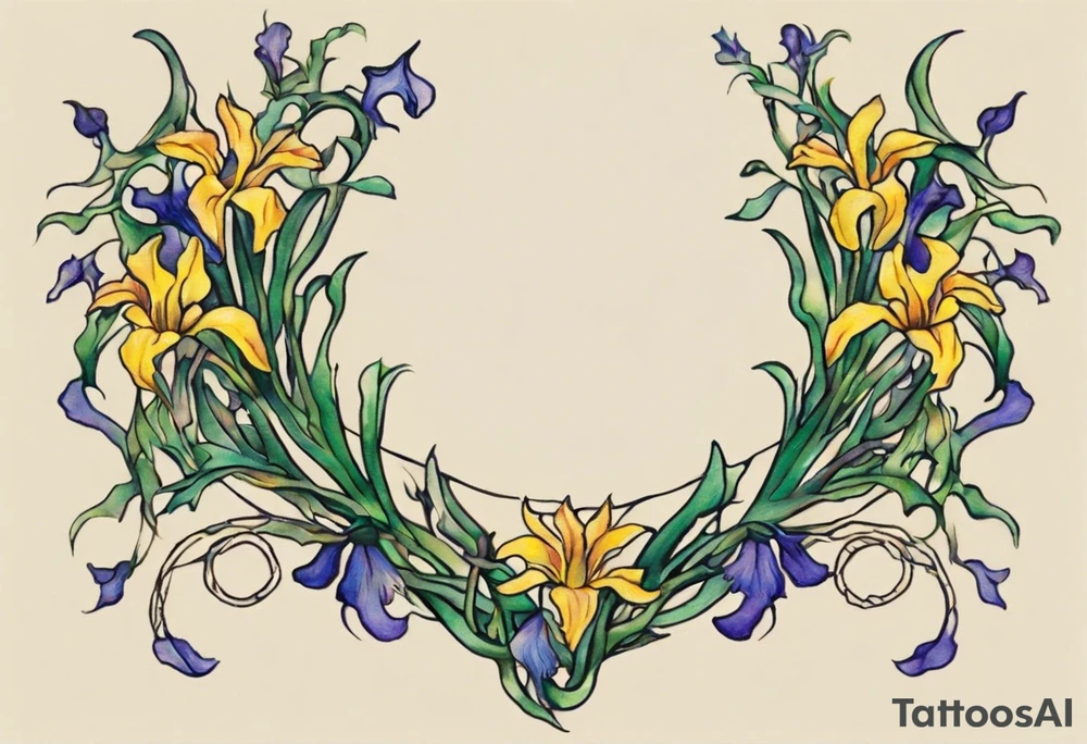 Create a small, colorful Vincent van Gogh Irises tattoo in the form of a crescent, with vines gracefully intertwining at a central point in the middle of the wreath. The intended placement is on the upper chest. The middle needs mountains. The overall design should be small in size while maintaining a delicate and artistic aesthetic. Pay attention to the graceful flow of the vines and the placement of the irises to achieve a refined and elegant look. tattoo idea