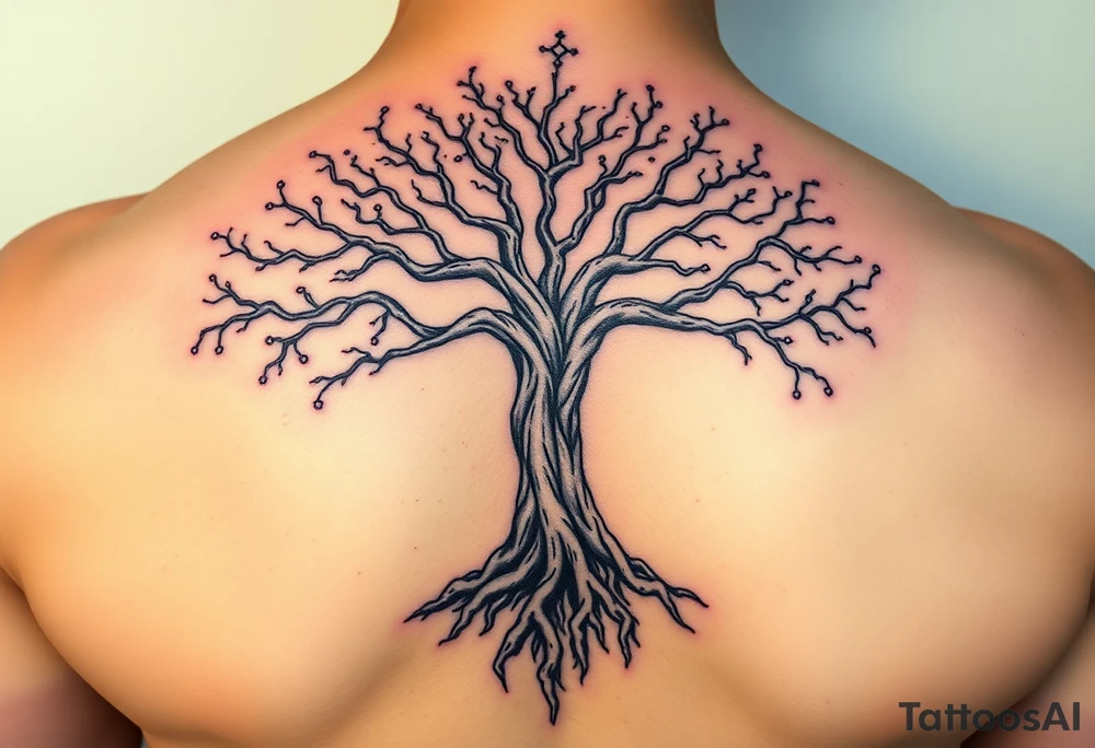 mystical tree of life with cosmic roots and celestial branches tattoo idea