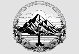 I want it in a vertical line one end to start with a tree then connect to a boomerang then connect to mountains then connect to the sun tattoo idea