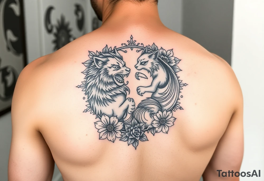 sleeve tattoo, black and white, lion and nine-tailed fox irezumi style circling each other with asian floral designs surrounding them tattoo idea