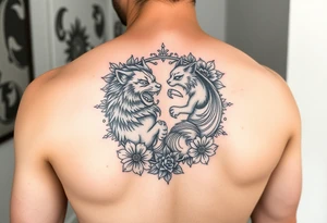 sleeve tattoo, black and white, lion and nine-tailed fox irezumi style circling each other with asian floral designs surrounding them tattoo idea
