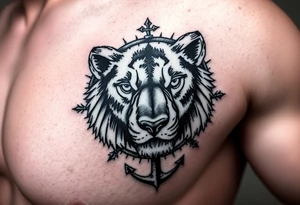 a fragmented depiction of a lions face revealing the eyes and face of both a Wolf and Bear, Compass Gears and an Anchor tattoo idea