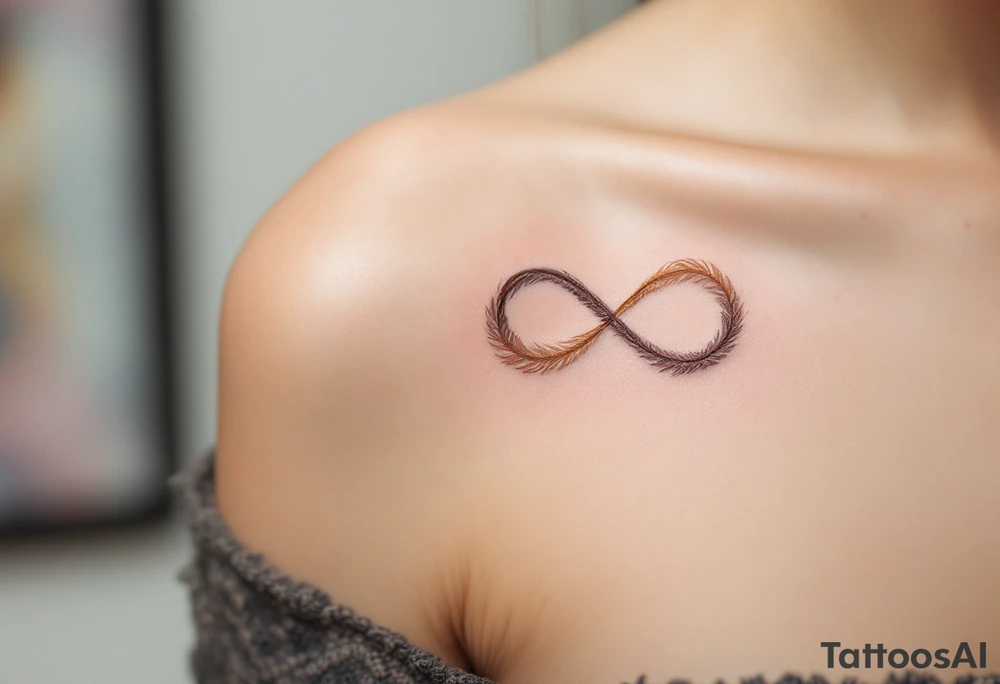A feathered infinity design, with soft brown and gold hues, resembling the texture of delicate bird feathers. tattoo idea