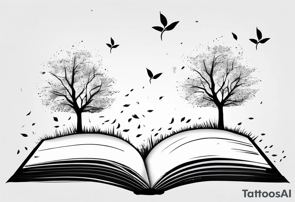 3 trees on a grassy hill with leaves blowing away in the breeze. The leaves transform into tiny pages torn out of a book. tattoo idea