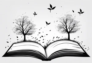 3 trees on a grassy hill with leaves blowing away in the breeze. The leaves transform into tiny pages torn out of a book. tattoo idea