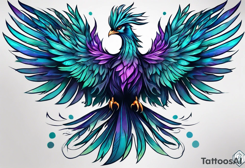 Phoenix on hip down into thigh with feathers that have teal purple and blue from the Ashes I rise tattoo idea