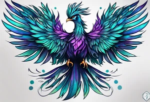 Phoenix on hip down into thigh with feathers that have teal purple and blue from the Ashes I rise tattoo idea