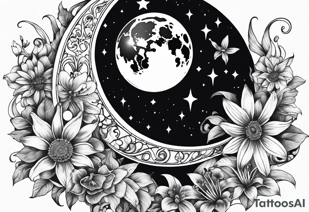 Crescent moon with daisy's, lily’s, crystals, and mushrooms tattoo idea