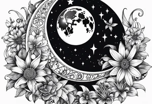 Crescent moon with daisy's, lily’s, crystals, and mushrooms tattoo idea