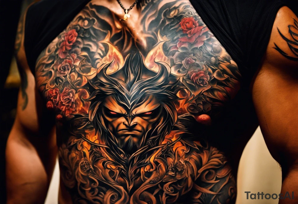 Creator for me a tatto design that consist in the following description, a man being held by the neck by his heart representing the emotions and fellings that make him stuck inside himself, on his side a beast represeting the rage and inner fury inside, glowing with all the mistakes that were made. On the other side a angelical creature, try to preserve the good side of him, and wanting him to follow a good path. tattoo idea
