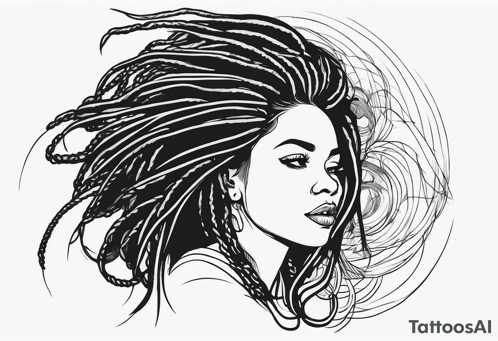 Draw a women head with real dread locks flying in the air, all hair should be to see tattoo idea