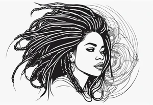 Draw a women head with real dread locks flying in the air, all hair should be to see tattoo idea