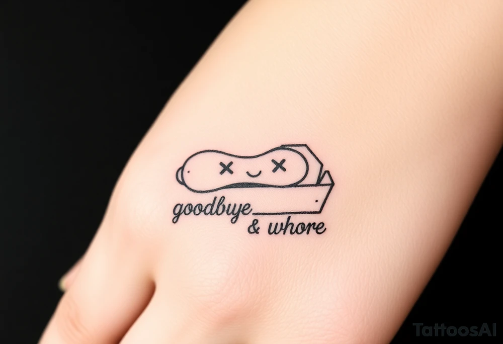 A peanut with x's for eyes laying in an open casket with the words goodbye whore tattoo idea