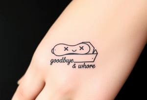 A peanut with x's for eyes laying in an open casket with the words goodbye whore tattoo idea