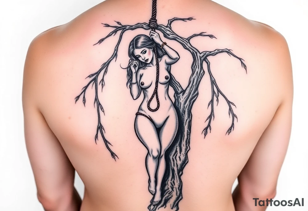 Fat naked sexy woman hanging with a noose around her neck from aweeping willow tree tattoo idea