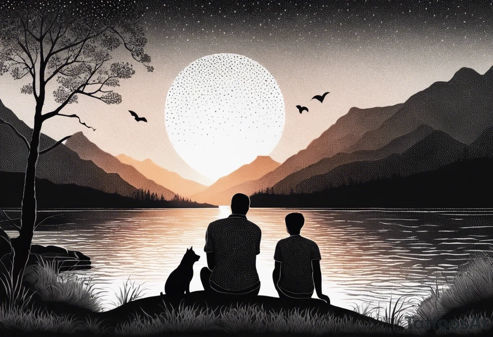 nature, sunset, mountains, a father and son sitting with their dog and cat 
by the water tattoo idea