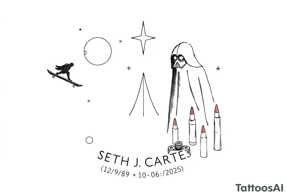 memorial, futuristic, star wars, space, skateboarding, camping, puzzle pieces, video games, heaven, god, outdoors, bullets, Harley Davidson, 
Seth J. Carter AKA "Darth Carter"
12/29/88-01/06/2025 tattoo idea