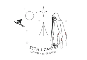 memorial, futuristic, star wars, space, skateboarding, camping, puzzle pieces, video games, heaven, god, outdoors, bullets, Harley Davidson, 
Seth J. Carter AKA "Darth Carter"
12/29/88-01/06/2025 tattoo idea