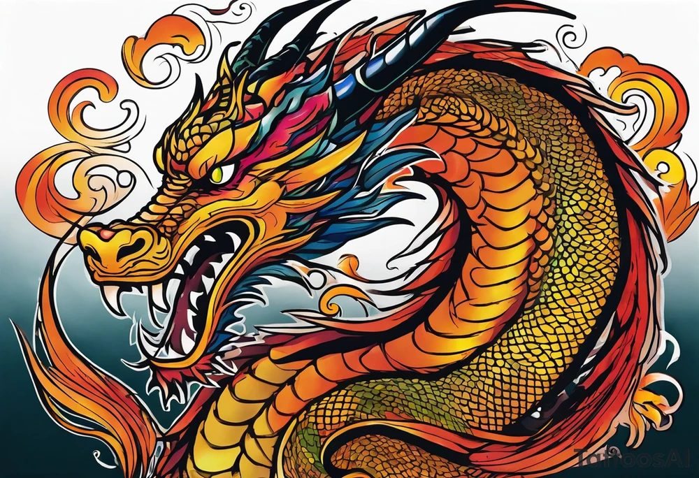 An epic floating asian dragon. Its long body coiling dynamically, with scales and horns detailed to create a sense of movement and strength. The dragon's color is giving a vibrant depth and a mystical aura. This tattoo highlights the dragon’s fierce expression and sharp claws. tattoo idea