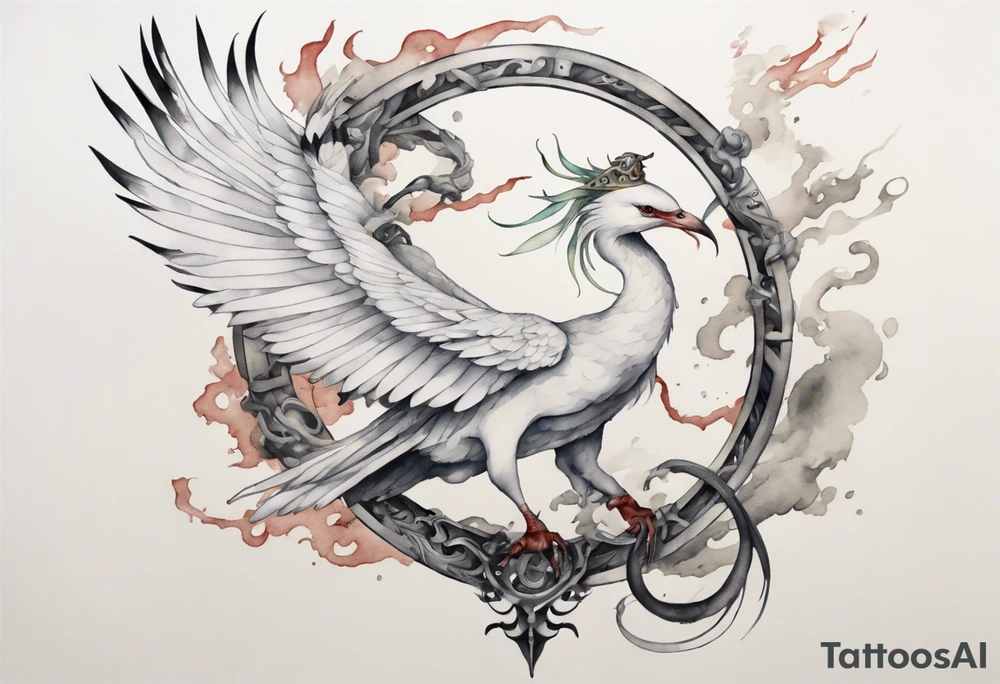 a watercolor of a white bird-serpent hybrid wearing an iron crown, flying tattoo idea