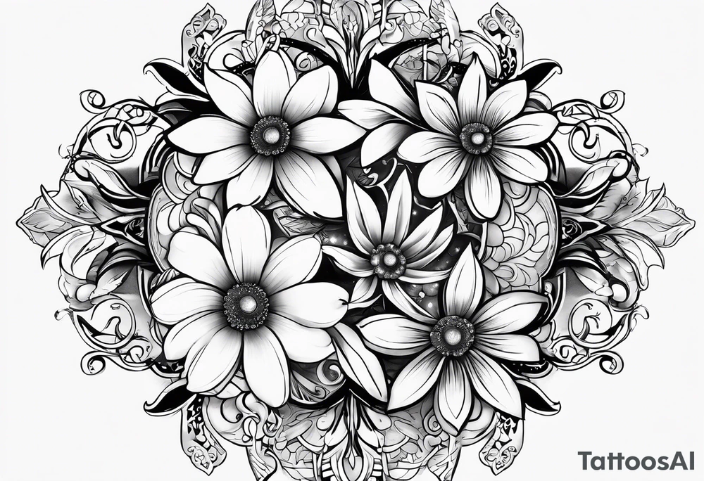 A eternal love flower, name “Samson” in cursive, with moon phases and stars tattoo idea