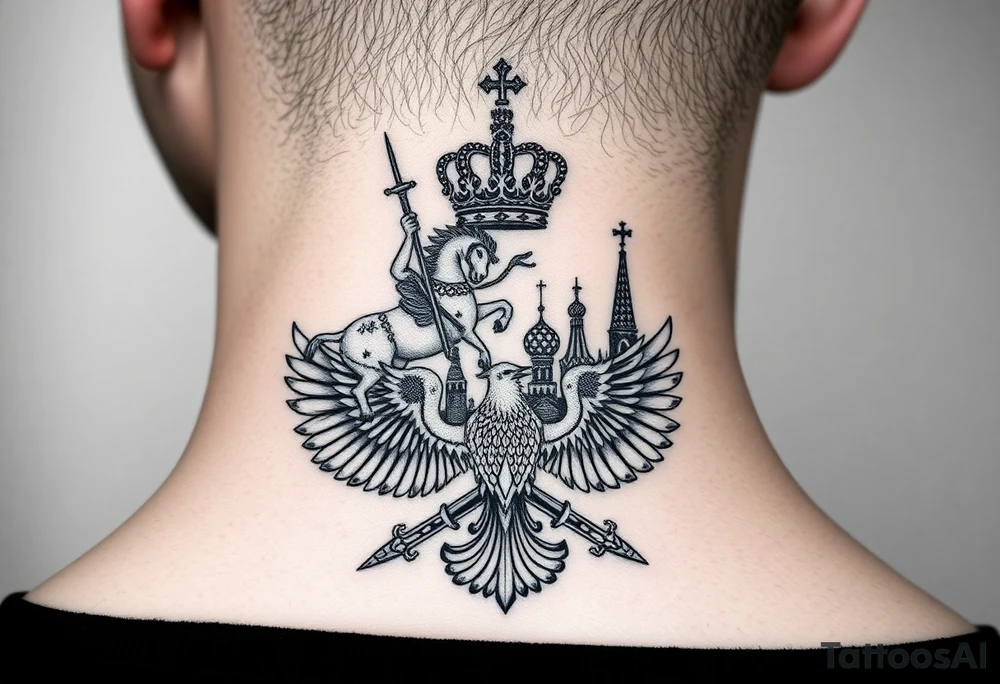 St. George slaying the dragon (hugely common in Russian Orthodox art)
Russian imperial crown above the eagle
Crossed swords or a Russian sabre
The Kremlin or St. Basil's Cathedral scene tattoo idea