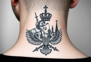 St. George slaying the dragon (hugely common in Russian Orthodox art)
Russian imperial crown above the eagle
Crossed swords or a Russian sabre
The Kremlin or St. Basil's Cathedral scene tattoo idea