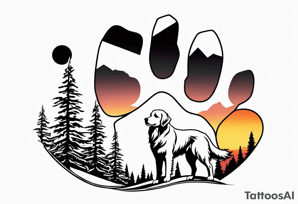 Outline of a dog paw print with a sunset with two pine trees and a golden retriever tattoo idea