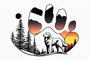 Outline of a dog paw print with a sunset with two pine trees and a golden retriever tattoo idea
