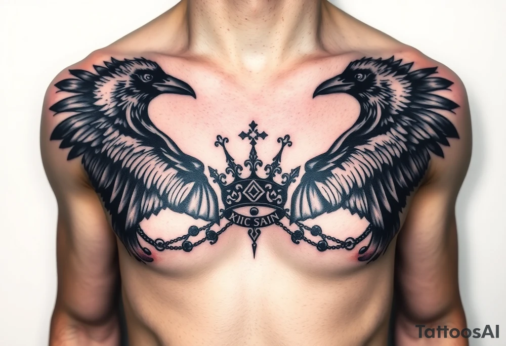 Chest tattoo, two ravens and icelandic symbols, dark brest tattoo, crown betwen ravens tattoo idea