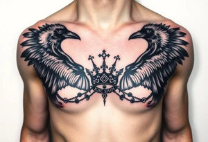 Chest tattoo, two ravens and icelandic symbols, dark brest tattoo, crown betwen ravens tattoo idea