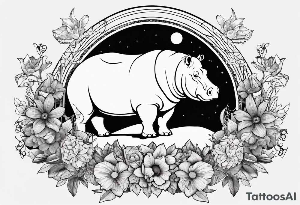 Hippo, flowers, moon, interstella, artic surreal, 
Extreme fine lines, +tribal, +geometric, develop from my favourites tattoo idea