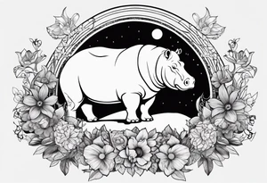 Hippo, flowers, moon, interstella, artic surreal, 
Extreme fine lines, +tribal, +geometric, develop from my favourites tattoo idea