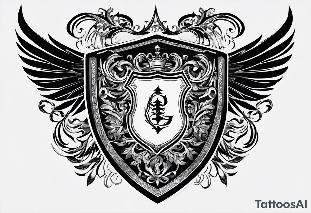 Design a large chest shield the includes the upper shoulder.  The theme should be family forever.  In the center of the chest shield will be the Avallo e family crest. tattoo idea