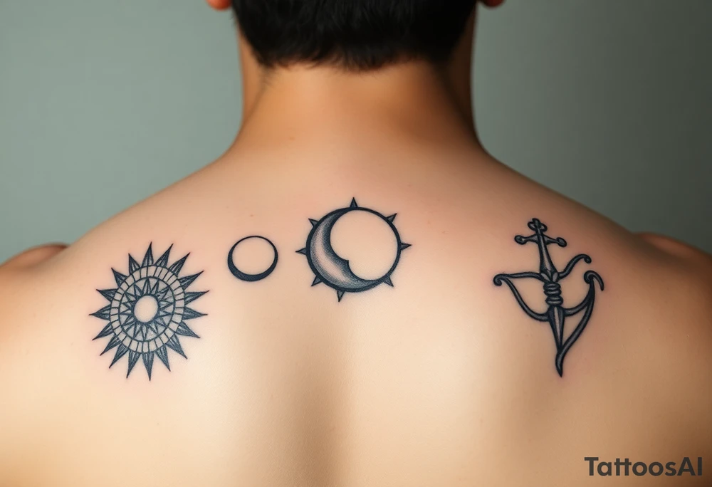 Simple line art tattoo that incorporates Capricorn (Sun), Gemini (moon), and Sagittarius (rising) signs— no shading— beginner friendly tattoo idea