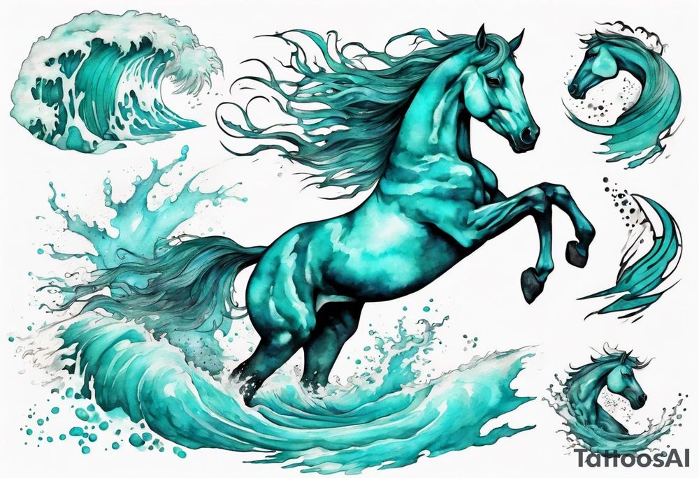 a turquoise water horse running through crashing waves tattoo idea