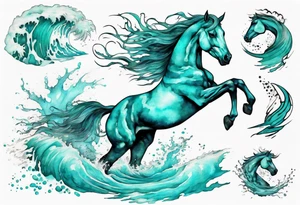 a turquoise water horse running through crashing waves tattoo idea