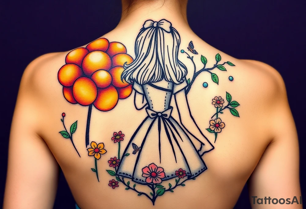 Alice's back silhouette entering a garden. There is a orange tree, and flowers there. tattoo idea