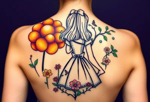 Alice's back silhouette entering a garden. There is a orange tree, and flowers there. tattoo idea