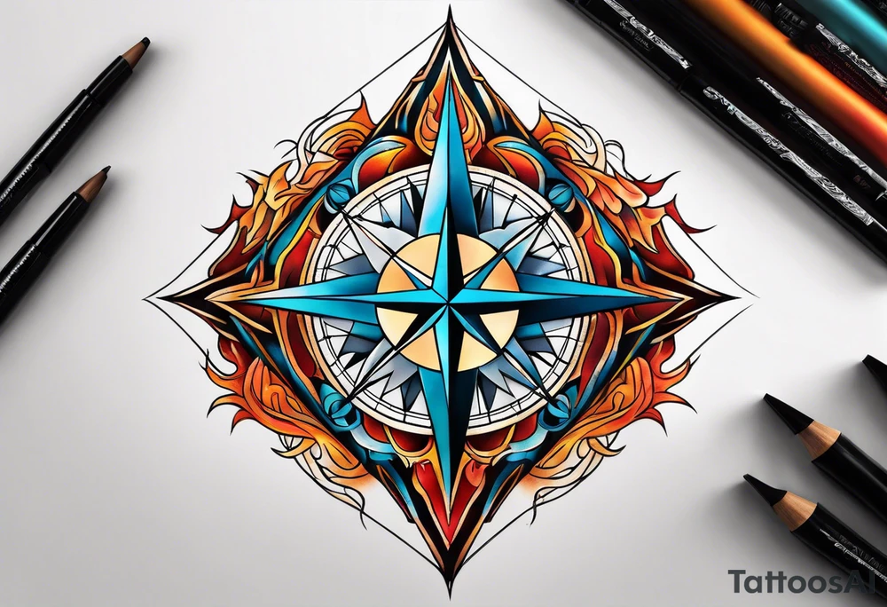 North compass and flames tattoo idea